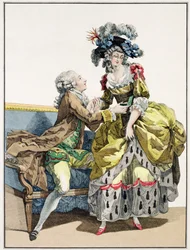 Caballero elegante proponiendo a una dama en un vestido estilo 